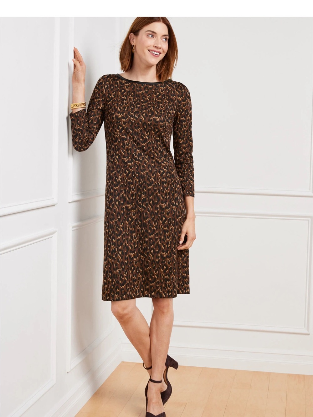 Talbots Brown and Black Leopard Print Long Sleeve Dress